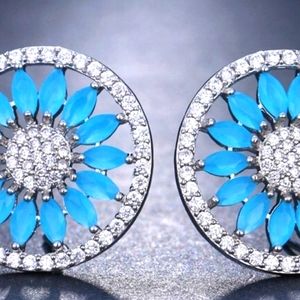 🦋 Turquoise Silver Pave Pinwheel Button Earrings